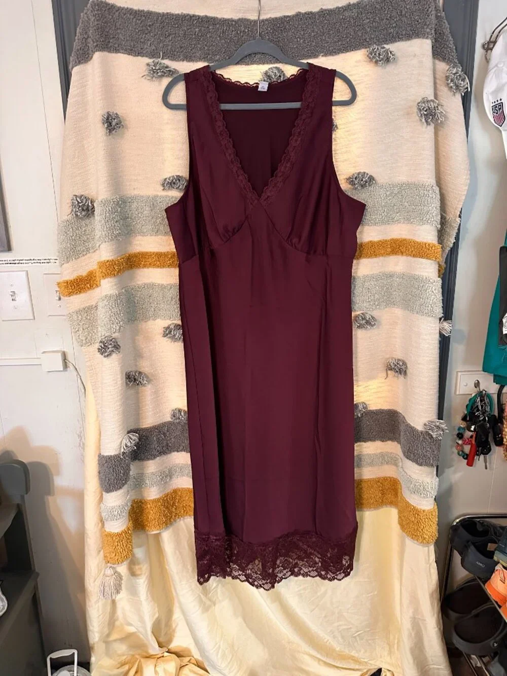 Old Navy Maroon Lace Trim V-Neck Slip Midi Dress Burgundy - Size XXL